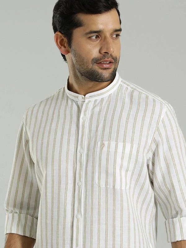 Indian Terrain Men's Regular Fit Full Sleeve Striped Off White Shirt